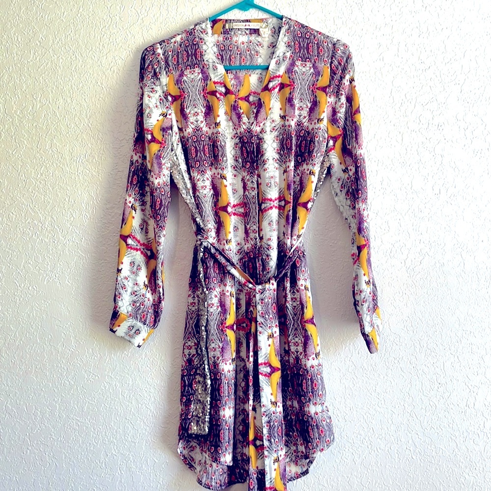 Chelsea & Violet peacock print belted dress - sequin on the sides